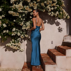 Elegancka Damska Satynowa Maxi Sukienka z Odkrytymi Plecami