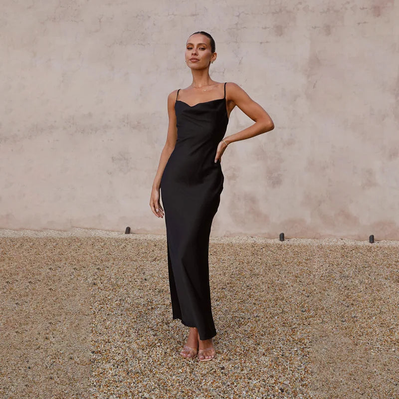 Elegancka Damska Satynowa Maxi Sukienka z Odkrytymi Plecami