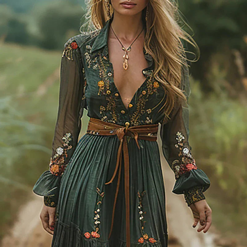 Damen Boho-Maxikleid mit Stickerei, V-Ausschnitt und gebundener Taille