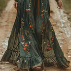 Damen Boho-Maxikleid mit Stickerei, V-Ausschnitt und gebundener Taille