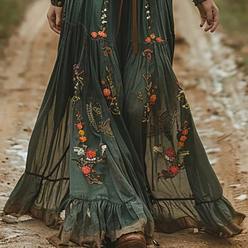 Damen Boho-Maxikleid mit Stickerei, V-Ausschnitt und gebundener Taille