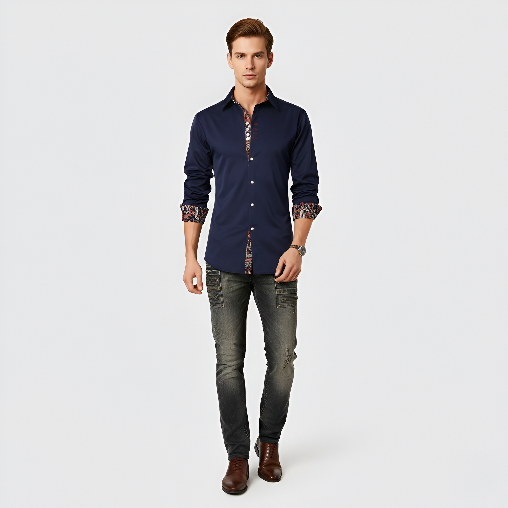 Męska Koszula Slim Fit z Bawełny z Detalami w Nadruk
