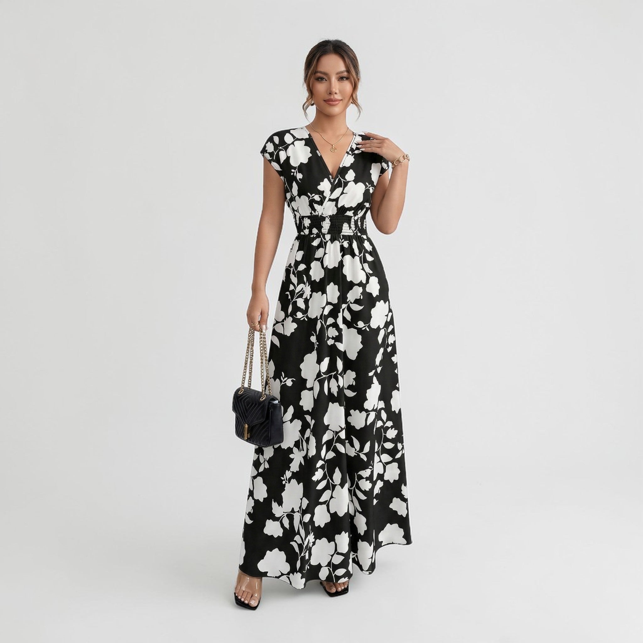 Langes Maxikleid mit Blumenmuster und V-Ausschnitt