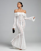Elegantes Damen Spitzen-Maxikleid mit Carmenausschnitt
