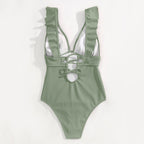Damen Einteiler Boho Badeanzug mit Rüschen und Tiefem V‑Ausschnitt