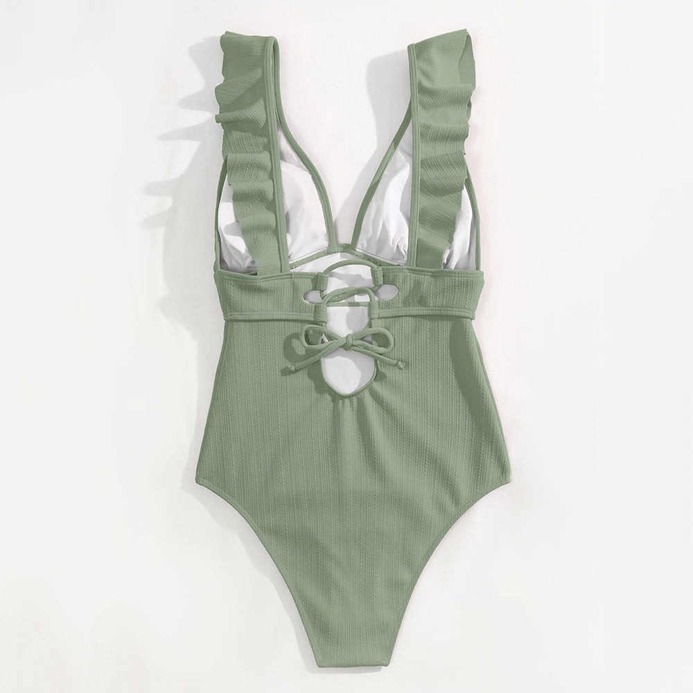 Damen Einteiler Boho Badeanzug mit Rüschen und Tiefem V‑Ausschnitt