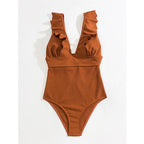Damen Einteiler Boho Badeanzug mit Rüschen und Tiefem V‑Ausschnitt