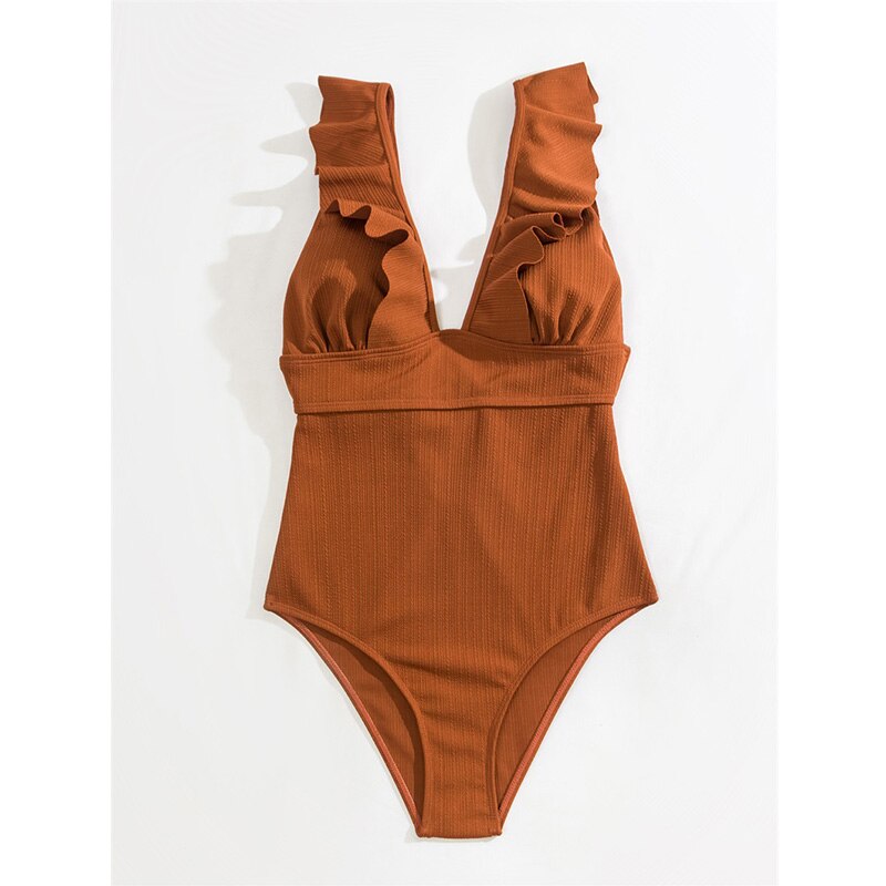 Women's One-Piece Boho Swimsuit with Ruffles and Deep V-Neck