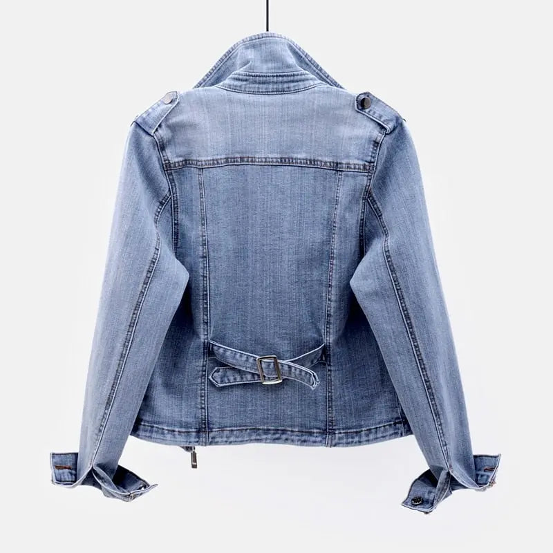 Damska Kurtka Denim o Lekko Skróconym Kroju i Detalach Moto