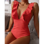 Damen Einteiler Boho Badeanzug mit Rüschen und Tiefem V‑Ausschnitt