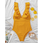 Damen Einteiler Boho Badeanzug mit Rüschen und Tiefem V‑Ausschnitt