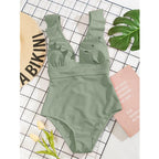 Damen Einteiler Boho Badeanzug mit Rüschen und Tiefem V‑Ausschnitt
