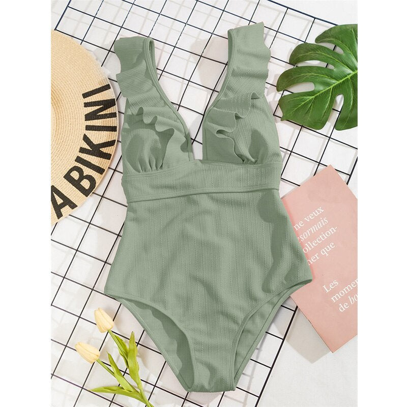 Damen Einteiler Boho Badeanzug mit Rüschen und Tiefem V‑Ausschnitt