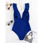 Damen Einteiler Boho Badeanzug mit Rüschen und Tiefem V‑Ausschnitt