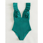 Damen Einteiler Boho Badeanzug mit Rüschen und Tiefem V‑Ausschnitt