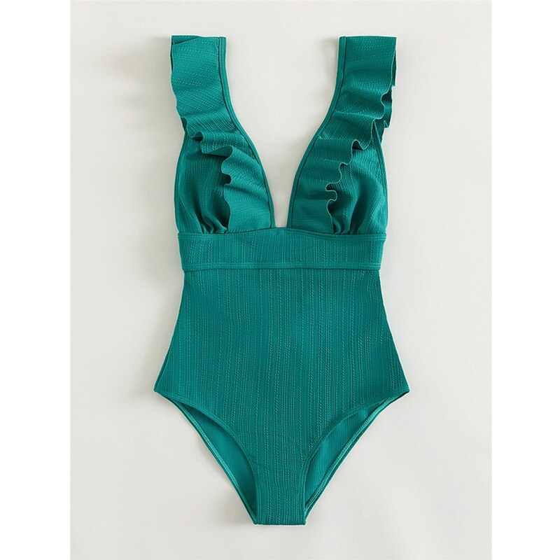 Damen Einteiler Boho Badeanzug mit Rüschen und Tiefem V‑Ausschnitt