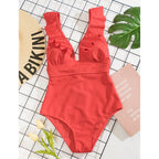 Damen Einteiler Boho Badeanzug mit Rüschen und Tiefem V‑Ausschnitt