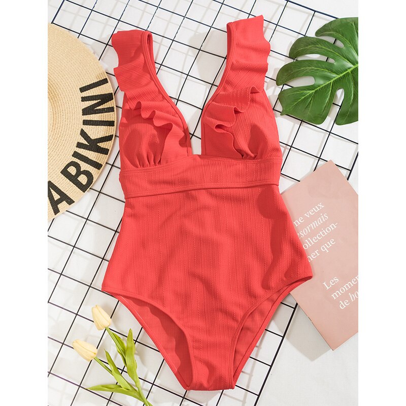 Women's One-Piece Boho Swimsuit with Ruffles and Deep V-Neck