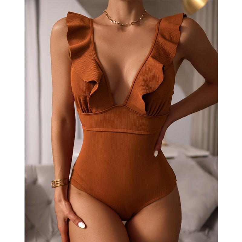 Women's One-Piece Boho Swimsuit with Ruffles and Deep V-Neck