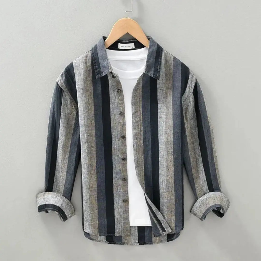 Lniana Koszula w Pionowe Pasy z Klasycznym Button‑Down