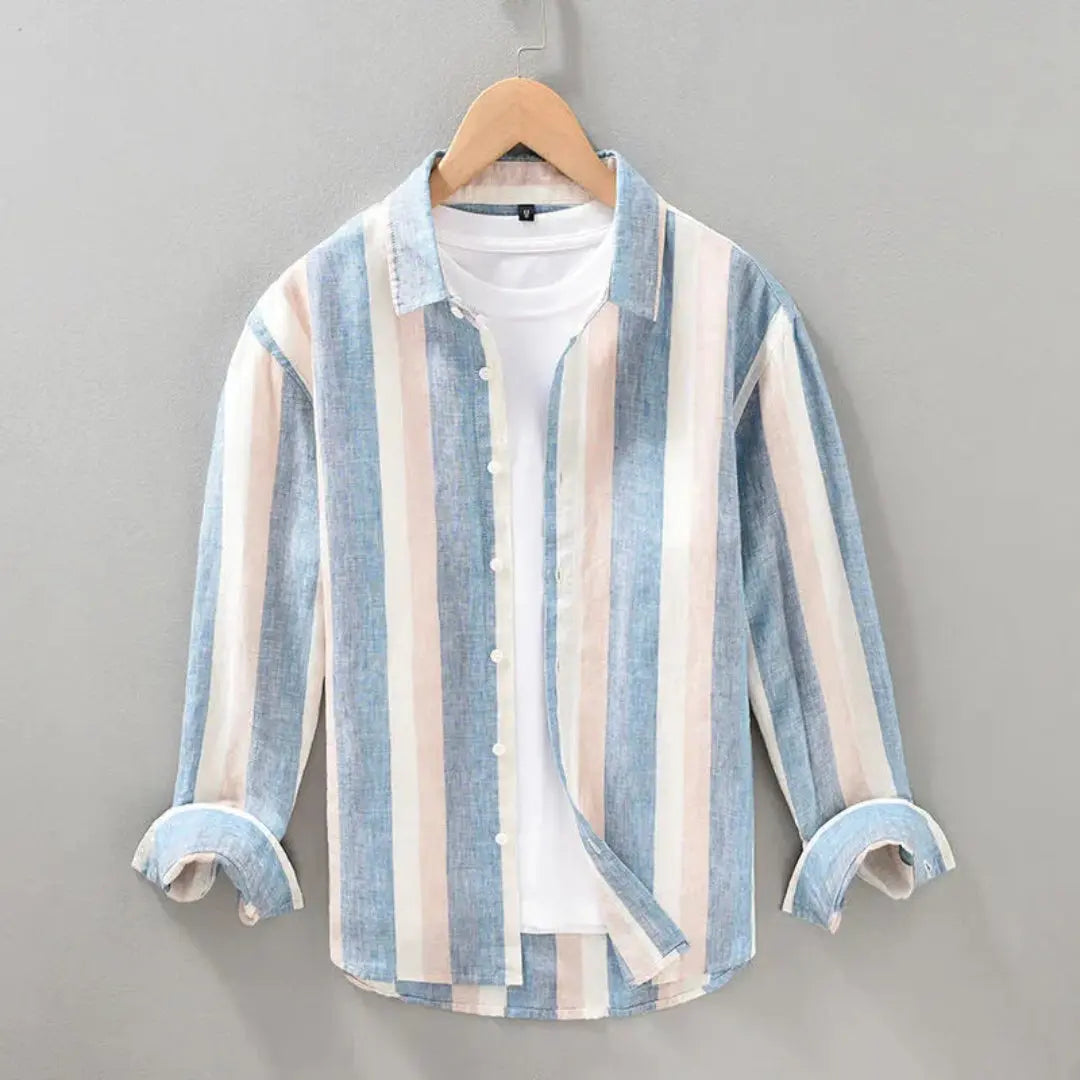 Lniana Koszula w Pionowe Pasy z Klasycznym Button‑Down
