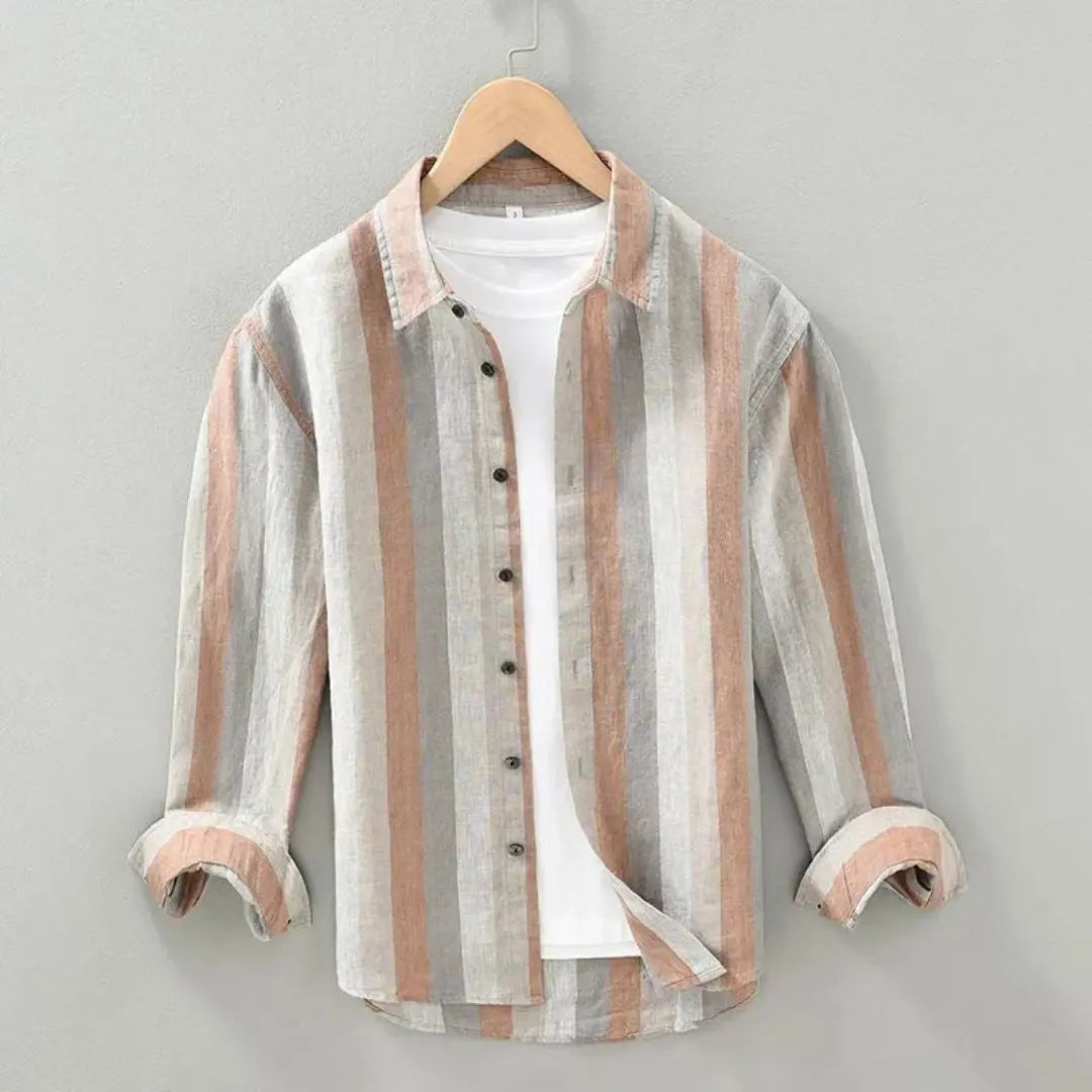 Lniana Koszula w Pionowe Pasy z Klasycznym Button‑Down