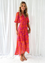 Women's Midi Dress with Floral Motif and Puff Sleeves