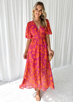 Women's Midi Dress with Floral Motif and Puff Sleeves