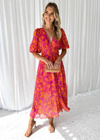 Women's Midi Dress with Floral Motif and Puff Sleeves
