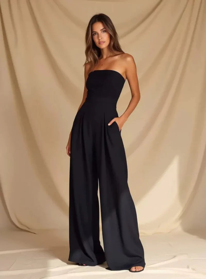 Damski Kombinezon Bez Ramiączek Elegancki Szerokie Nogawki Stylowy