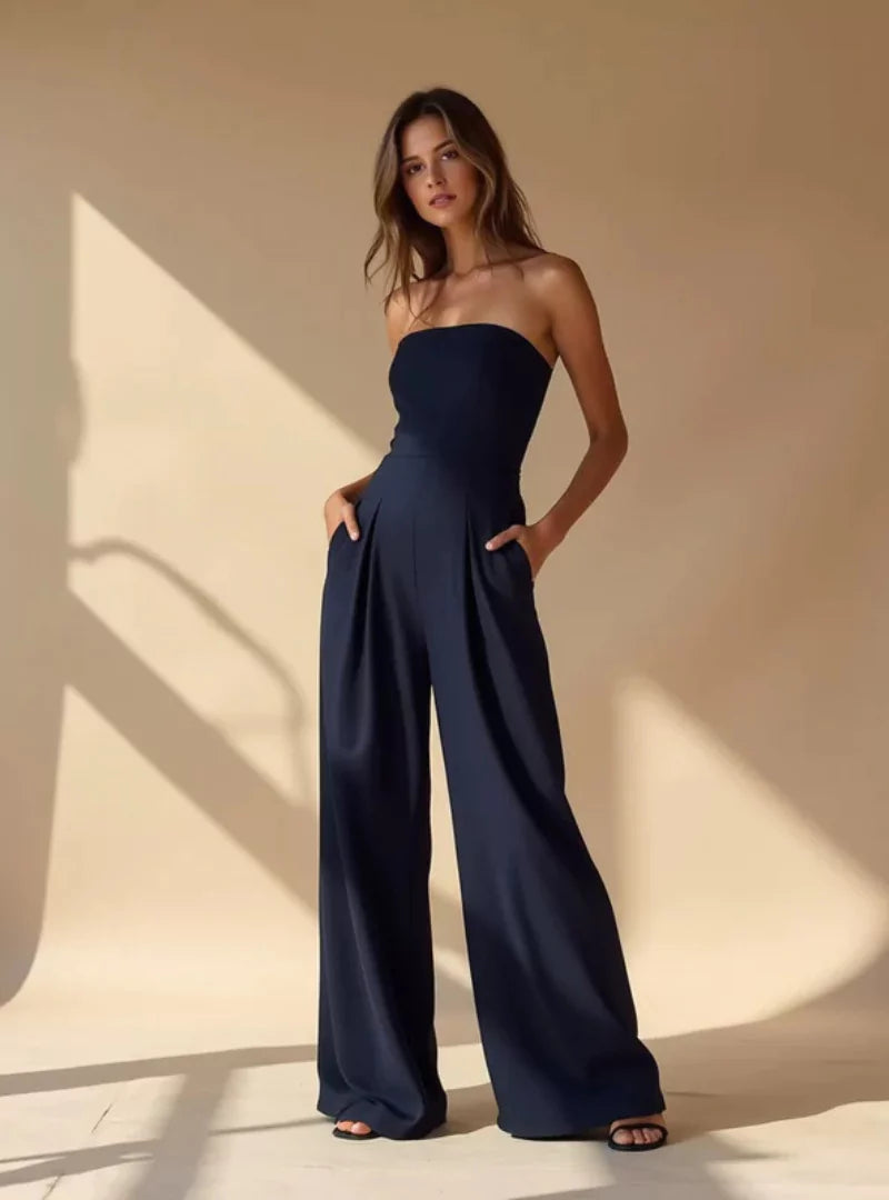 Damski Kombinezon Bez Ramiączek Elegancki Szerokie Nogawki Stylowy