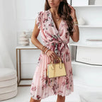 Women's Midi Dress with Wrap Front and Ruffled Sleeves