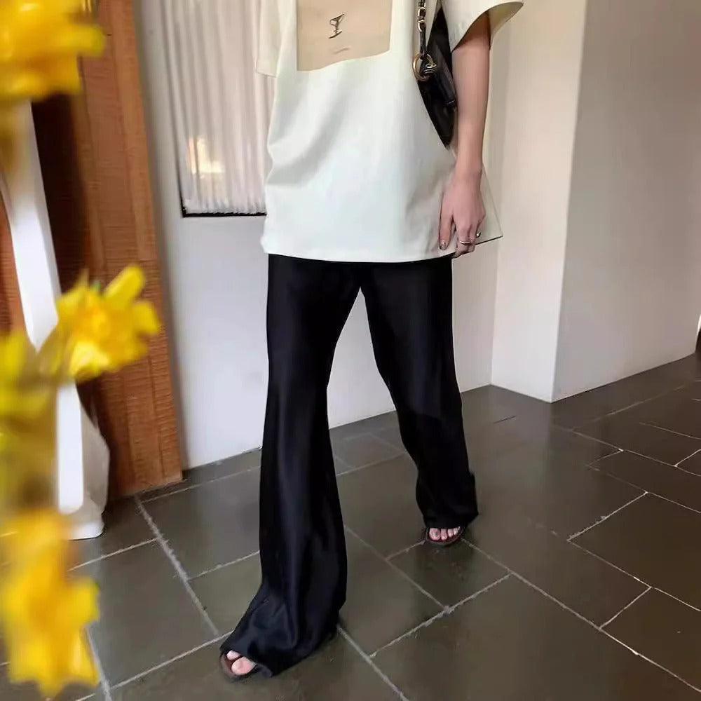 Damskie Spodnie Wide‑Leg z Satynową Strukturą i Wysokim Stanem