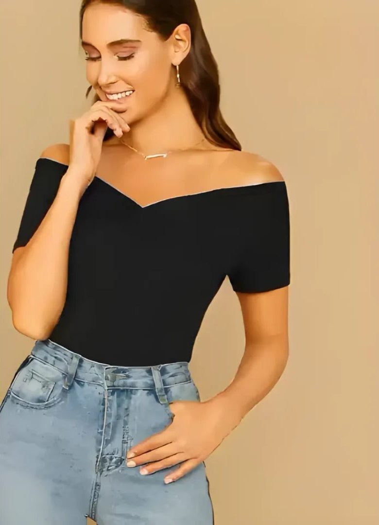 Damen Off-Shoulder-Top mit figurbetonter Linie und V-Ausschnitt