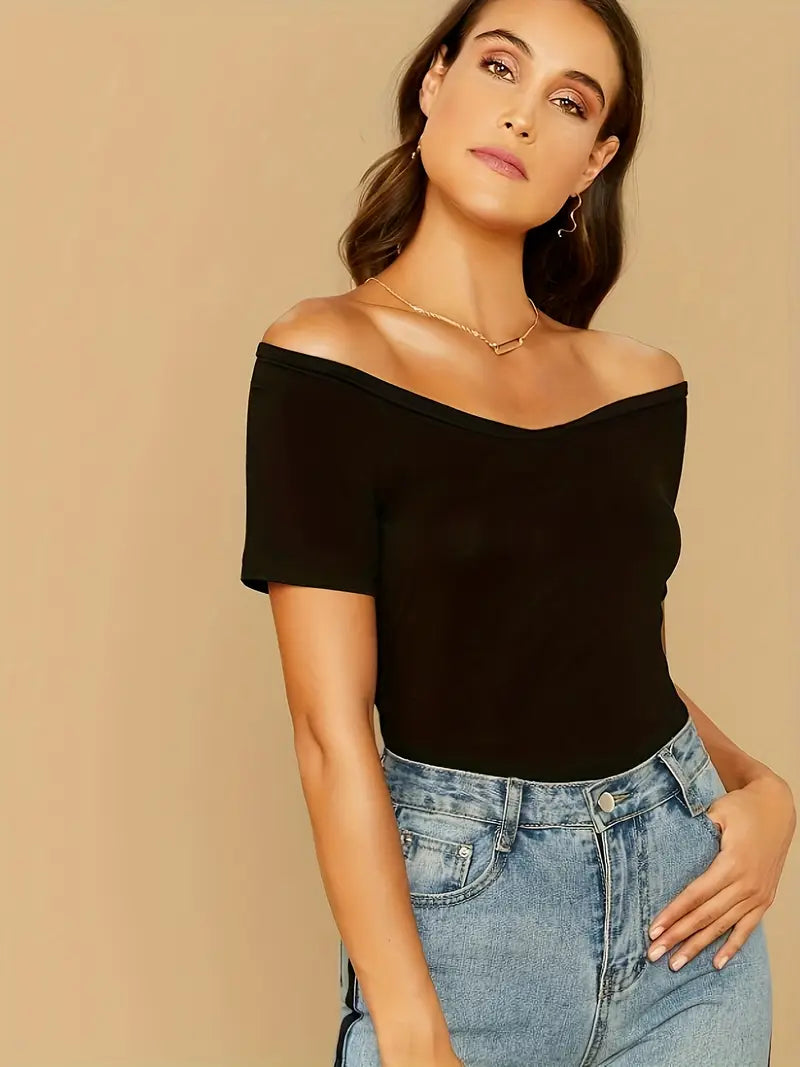 Damen Off-Shoulder-Top mit figurbetonter Linie und V-Ausschnitt