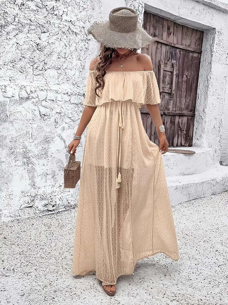 Damska Sukienka Maxi Off‑Shoulder z Frędzlami i Płynną Linią A‑Line