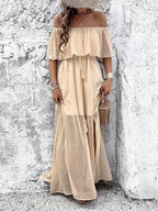 Damska Sukienka Maxi Off‑Shoulder z Frędzlami i Płynną Linią A‑Line