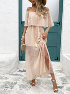 Damska Sukienka Maxi Off‑Shoulder z Frędzlami i Płynną Linią A‑Line