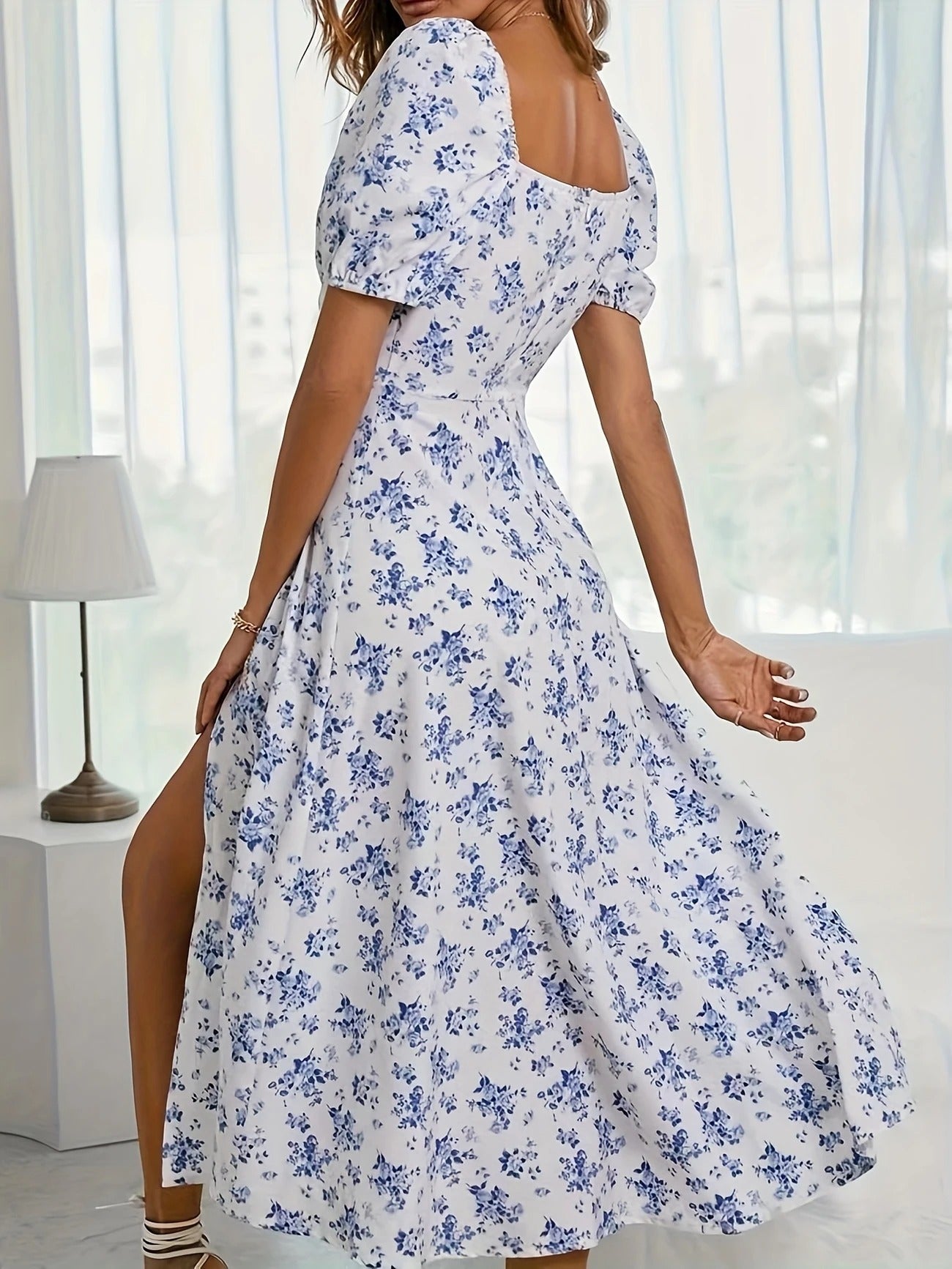 Damen Midikleid mit gerafftem Oberteil und seitlichem Schlitz