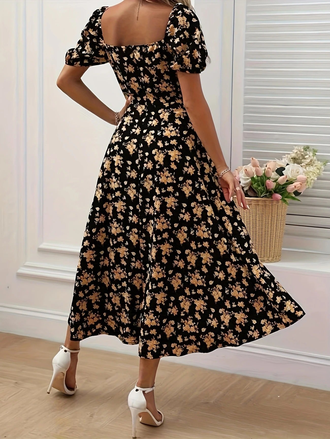 Damen Midikleid mit gerafftem Oberteil und seitlichem Schlitz