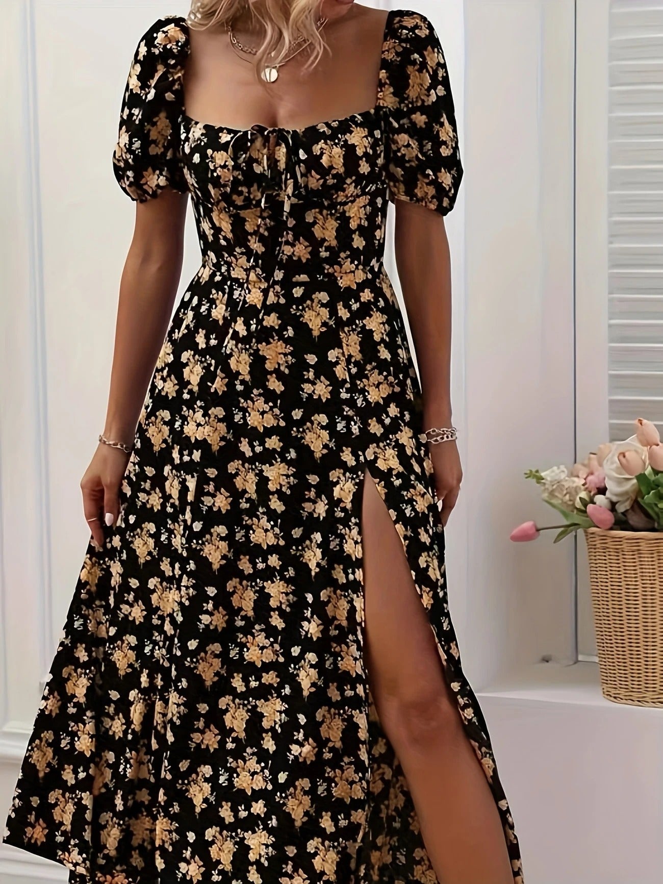 Damen Midikleid mit gerafftem Oberteil und seitlichem Schlitz