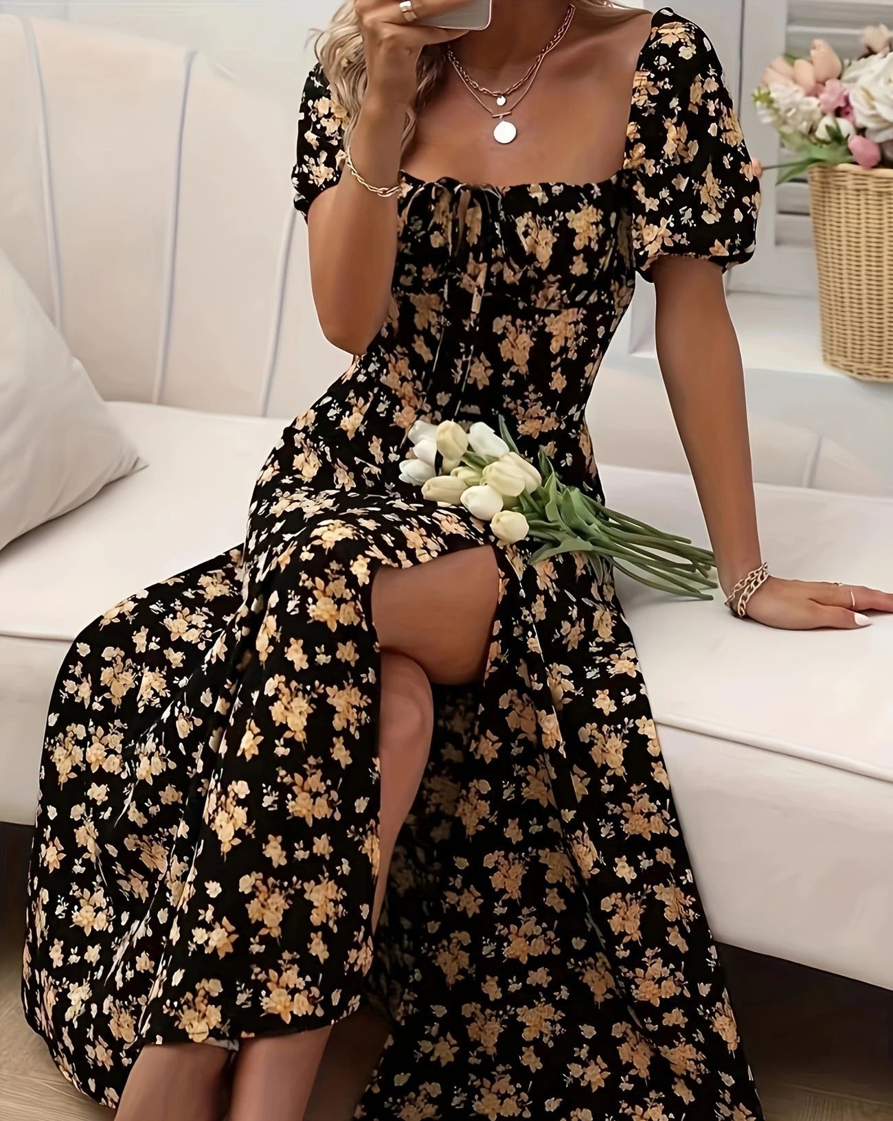 Damen Midikleid mit gerafftem Oberteil und seitlichem Schlitz
