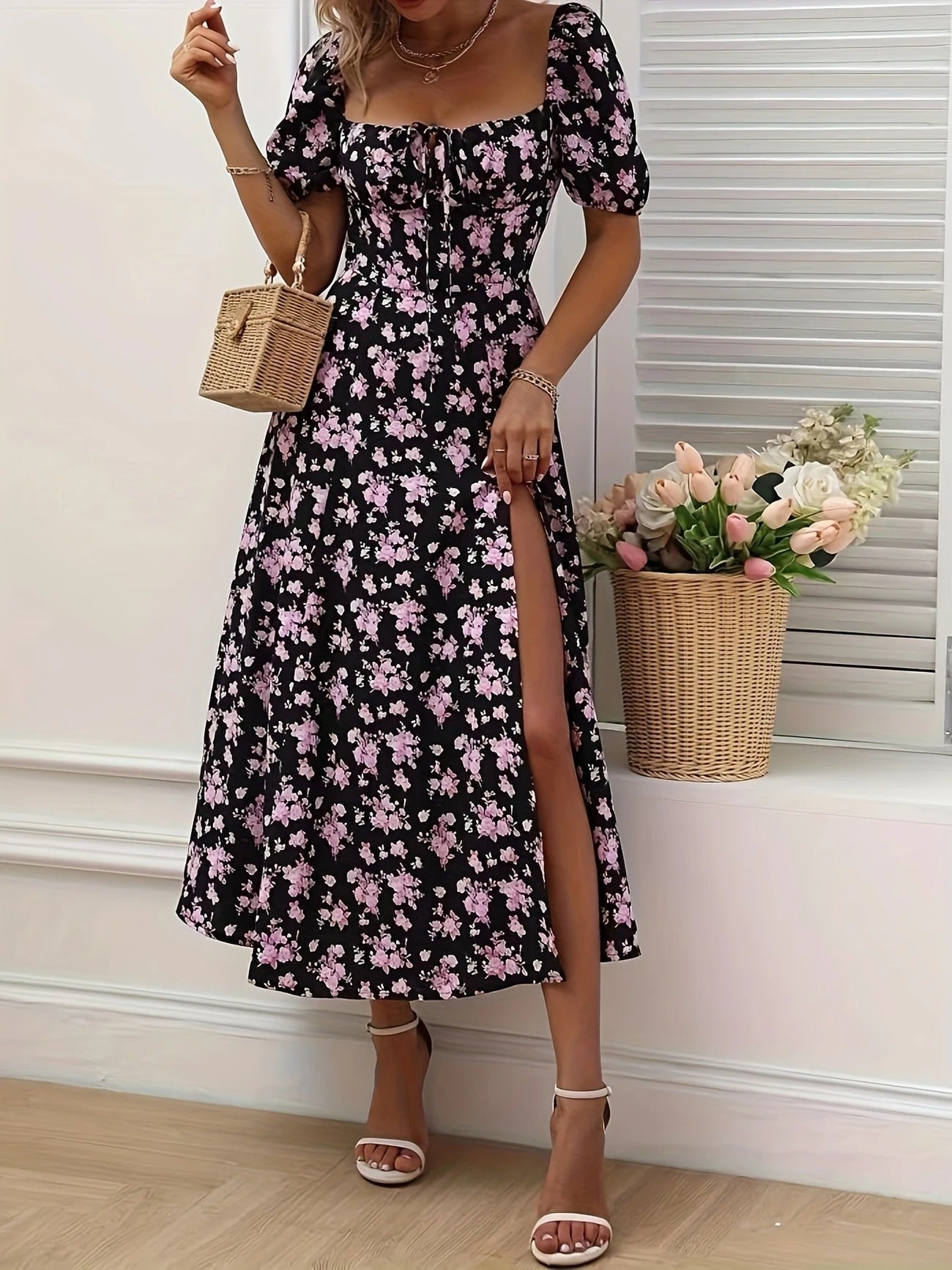 Damen Midikleid mit gerafftem Oberteil und seitlichem Schlitz