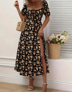 Damen Midikleid mit gerafftem Oberteil und seitlichem Schlitz