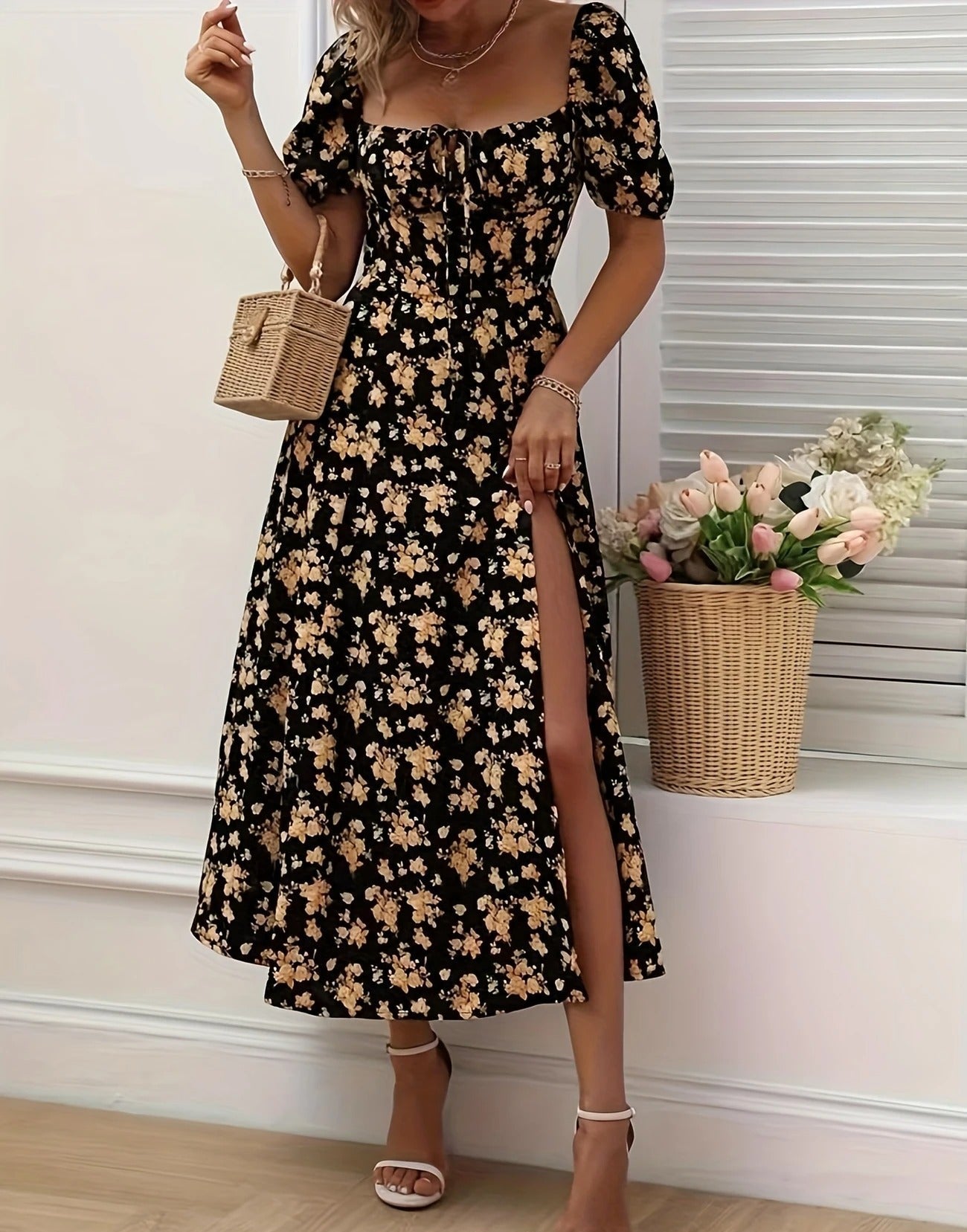 Damen Midikleid mit gerafftem Oberteil und seitlichem Schlitz