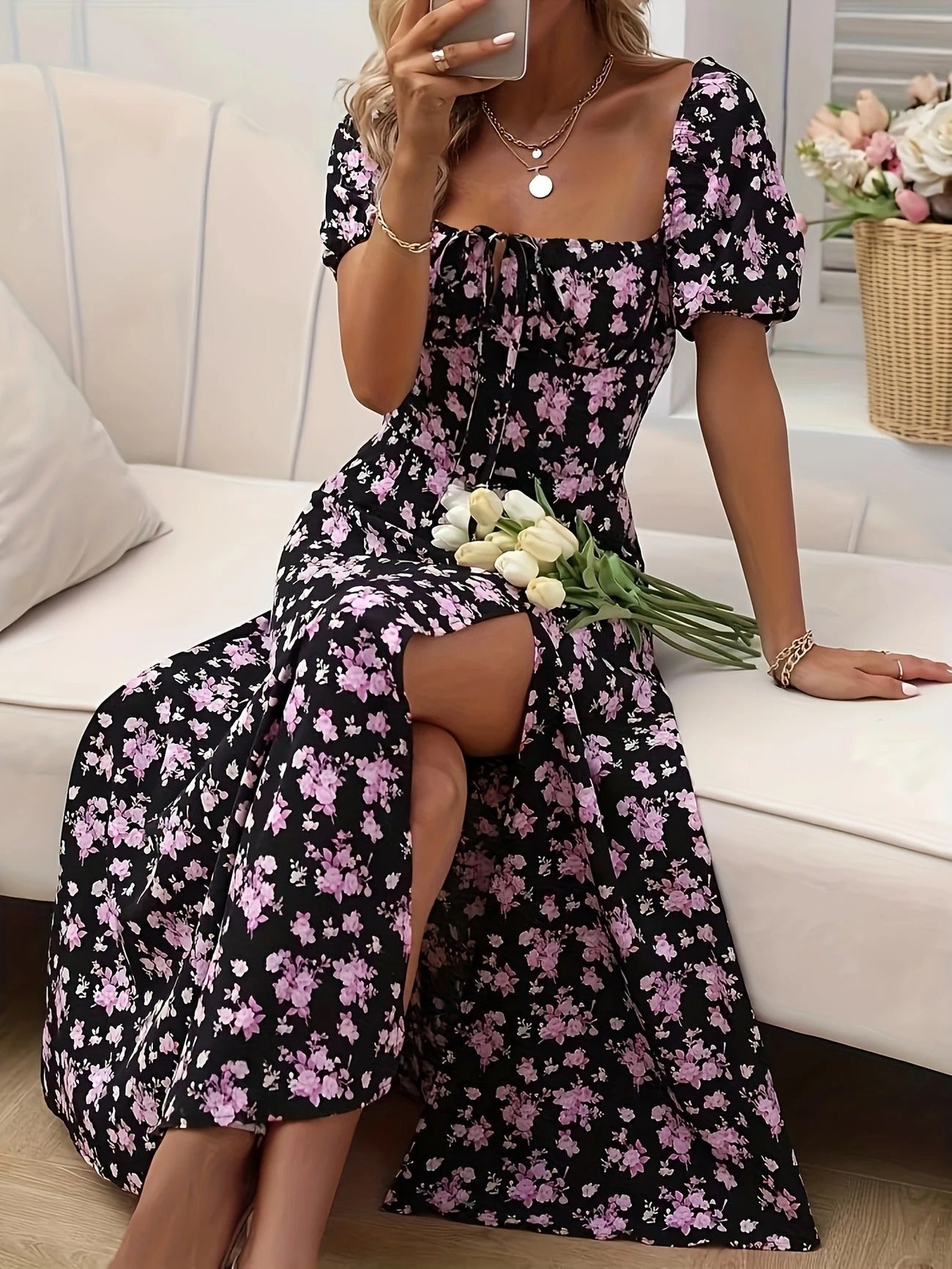 Damen Midikleid mit gerafftem Oberteil und seitlichem Schlitz
