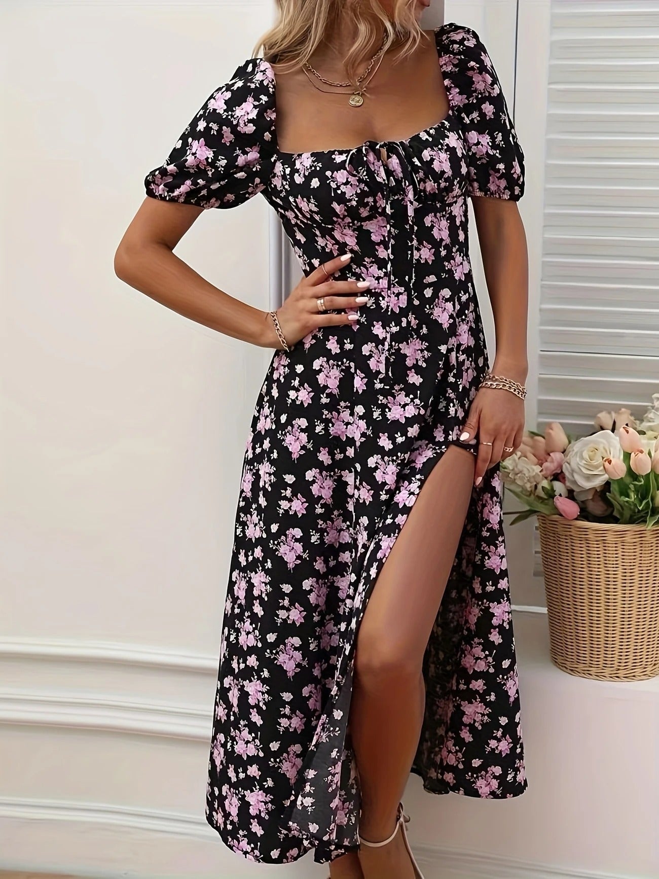 Damen Midikleid mit gerafftem Oberteil und seitlichem Schlitz
