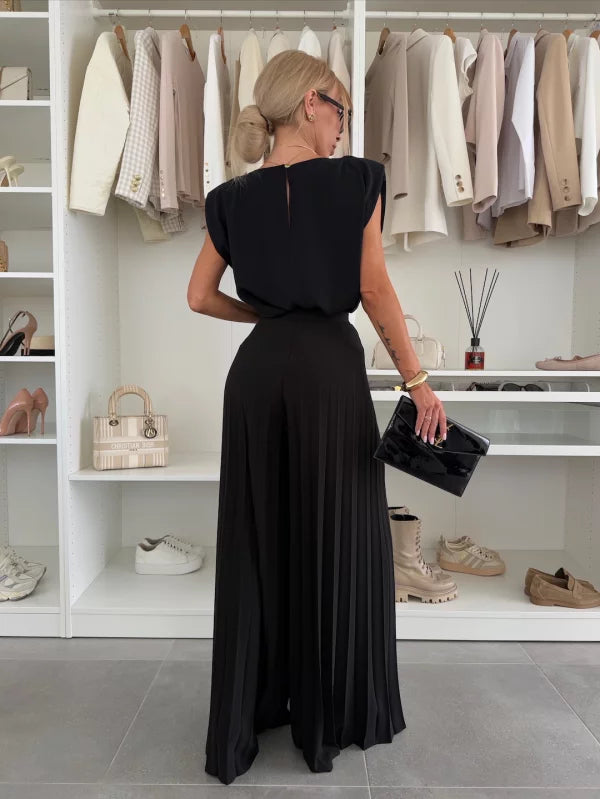 Damen Elegantes Zweiteiliges Set mit Plissierten Hosen und Top