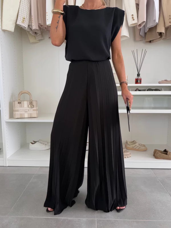 Damen Elegantes Zweiteiliges Set mit Plissierten Hosen und Top
