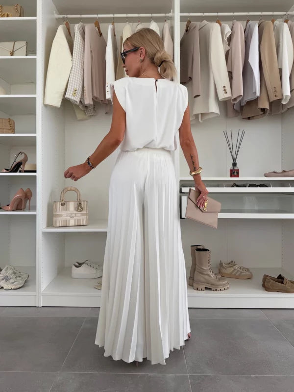 Damen Elegantes Zweiteiliges Set mit Plissierten Hosen und Top
